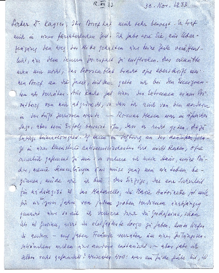 Primera página de la carta de Zweig a Kayser (BNI)