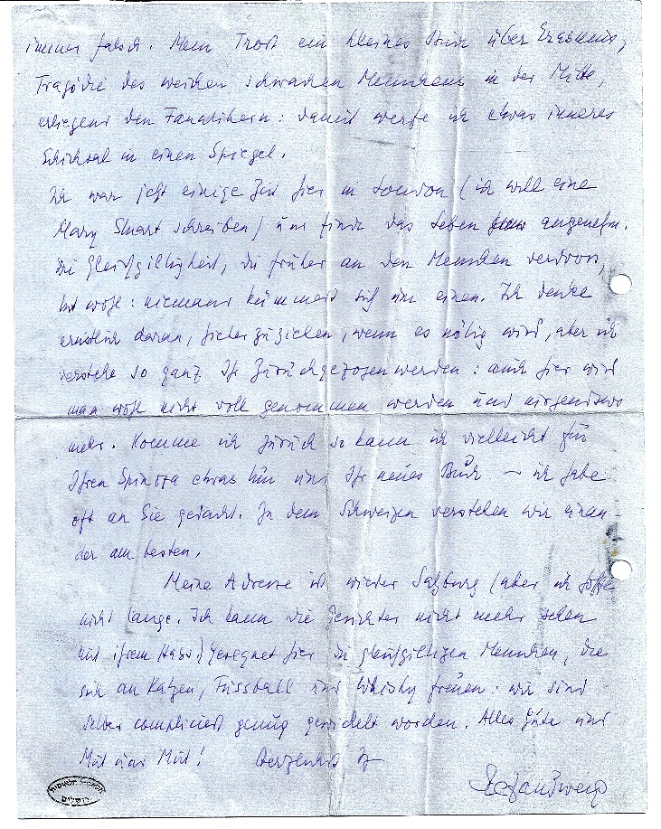 Segunda página de la carta de Zweig a Kayser (BNI)