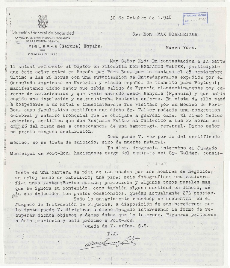 Copia de la carta de las autoridades españolas a Horkheimer hecha por Scholem (BNI)