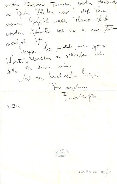 Segunda página Carta de Kafka a Lise Weltsch, 1914 (BNI)