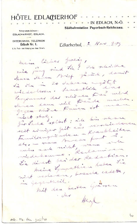 Carta de Herzl a Zweig, 2 de noviembre de 1903 (BNI)