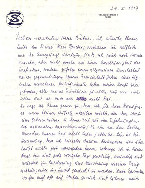 Primera página de la carta de Zweig a Martin Buber (24 de enero de 1917) (BNI)