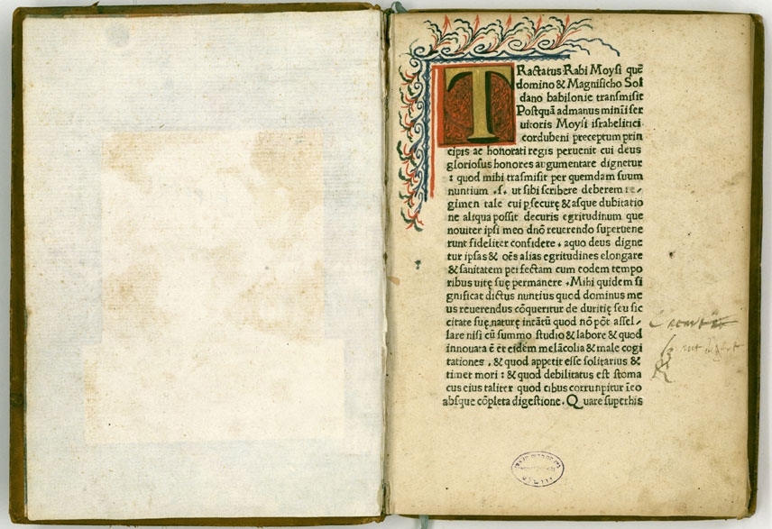 Traducción al latín del tratado de medicina (Hanhagat ha-Beri'ut) de Maimónides, (Florencia, 1481), (BNI)