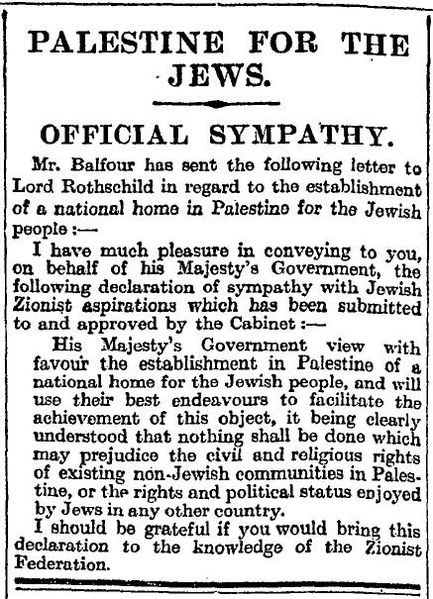 Declaración de Balfour, publicada en el Times el 9 de noviembre de 1917