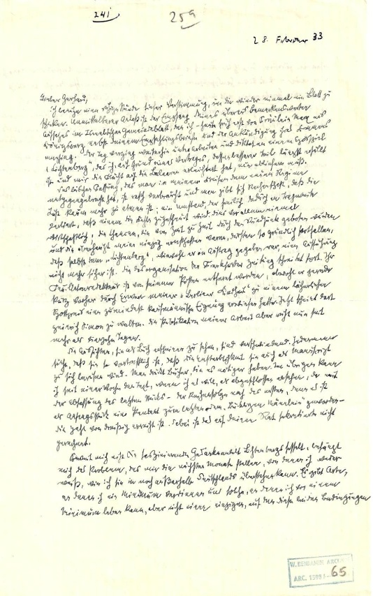 Primera página de la carta de Walter Benjamin a Gershom Scholem (Berlín, 28 de febrero de 1933) (BNI)